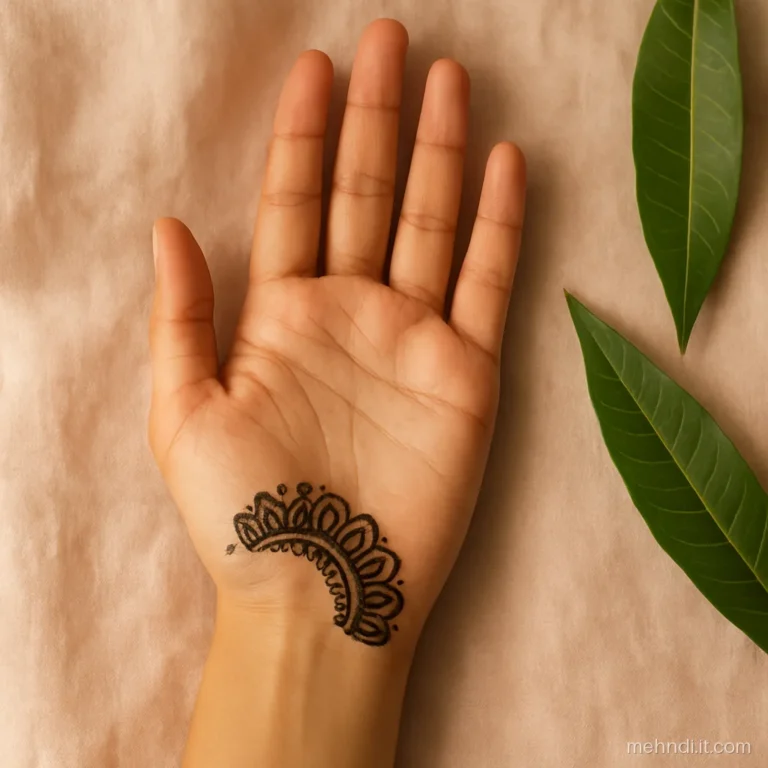 Half moon mehndi with petals curving around the wrist and dots