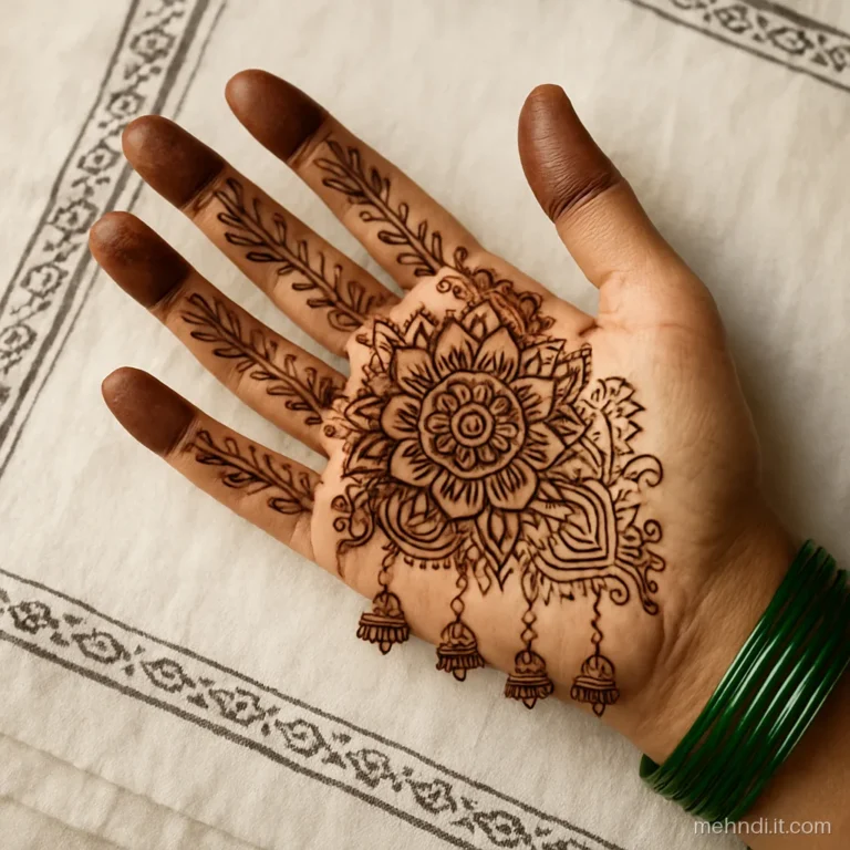 Upper palm design with small jhumka drops hanging from its lower edge