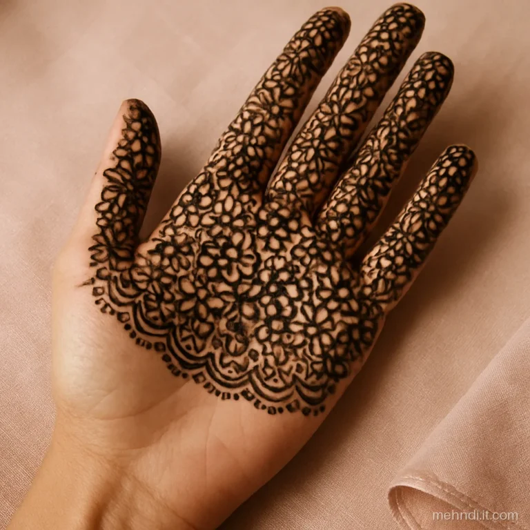 Fingers and upper palm filled with a scalloped border ending mid palm