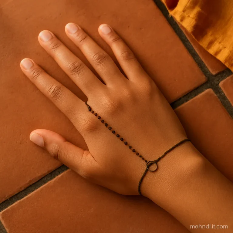 Wrist bracelet linked by a dot chain to a ring on the middle finger