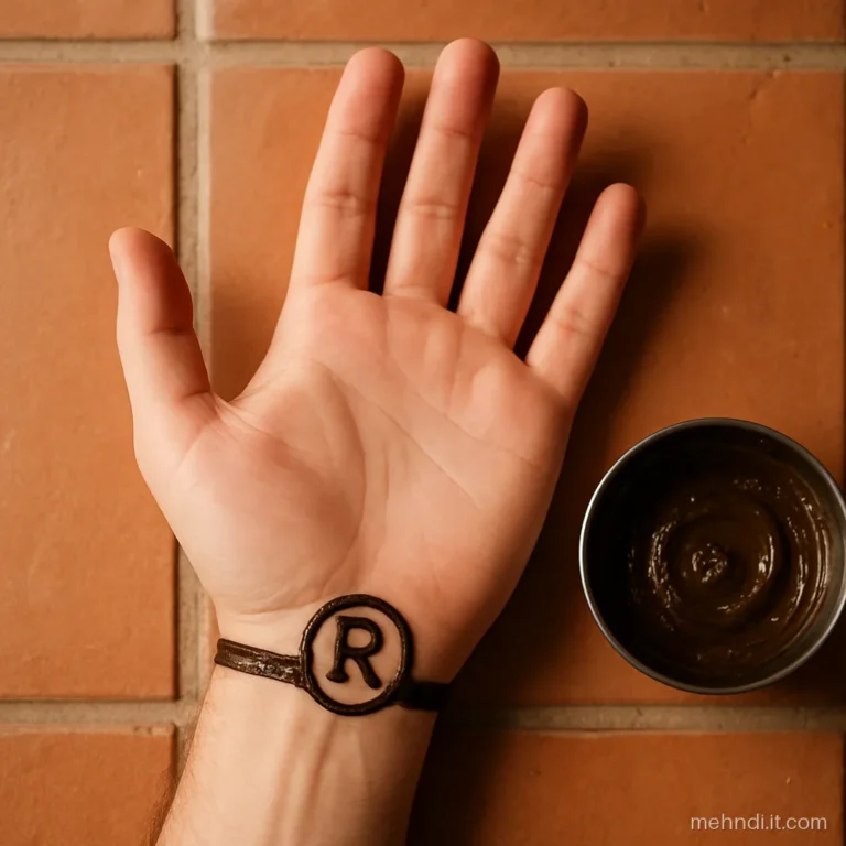Man's palm with bride's initial in a simple band at the wrist