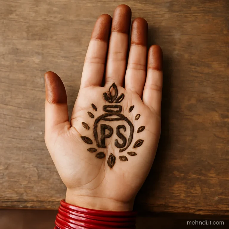 Two initials with shagun leaves and kalash dots on the palm