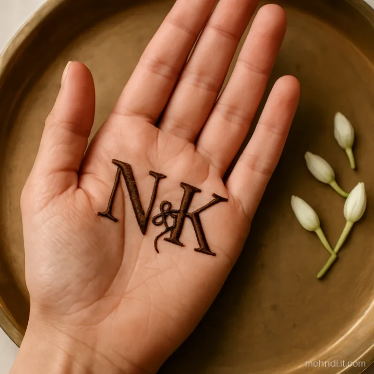 Two initials joined by a small knot and flower on palm
