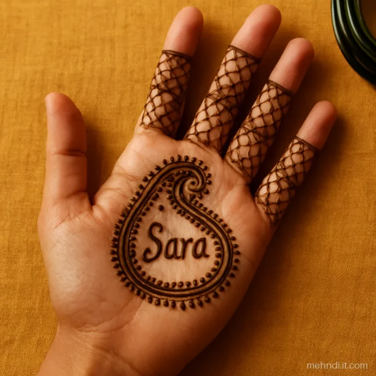 Bridal palm with a name written inside a large paisley belly