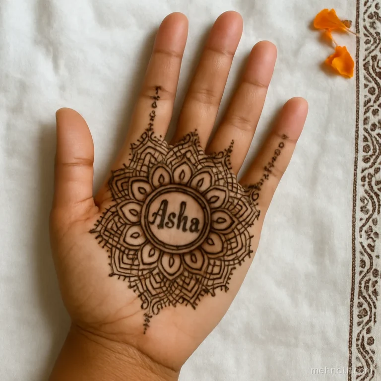 Palm mandala with a name hidden in the petal ring letters
