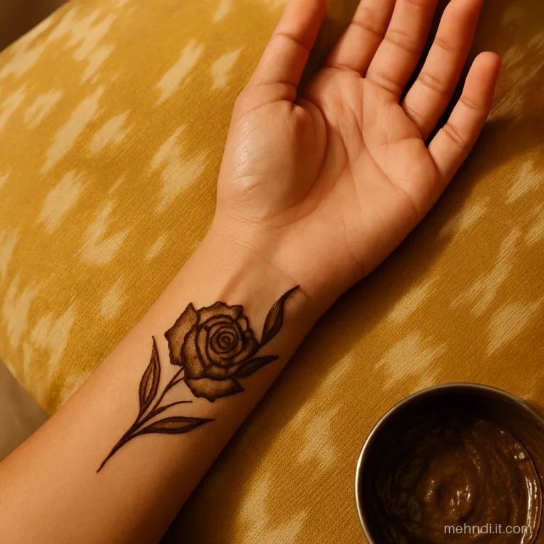 Single shaded rose at the wrist of a teenage girl with leaves