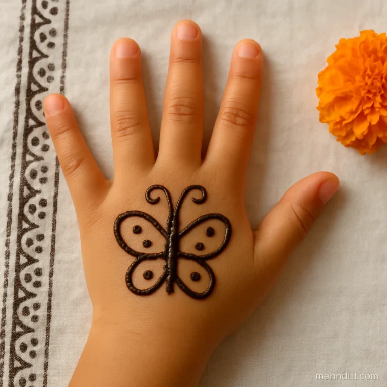 Child's palm with a butterfly, dotted wings and curled antennae
