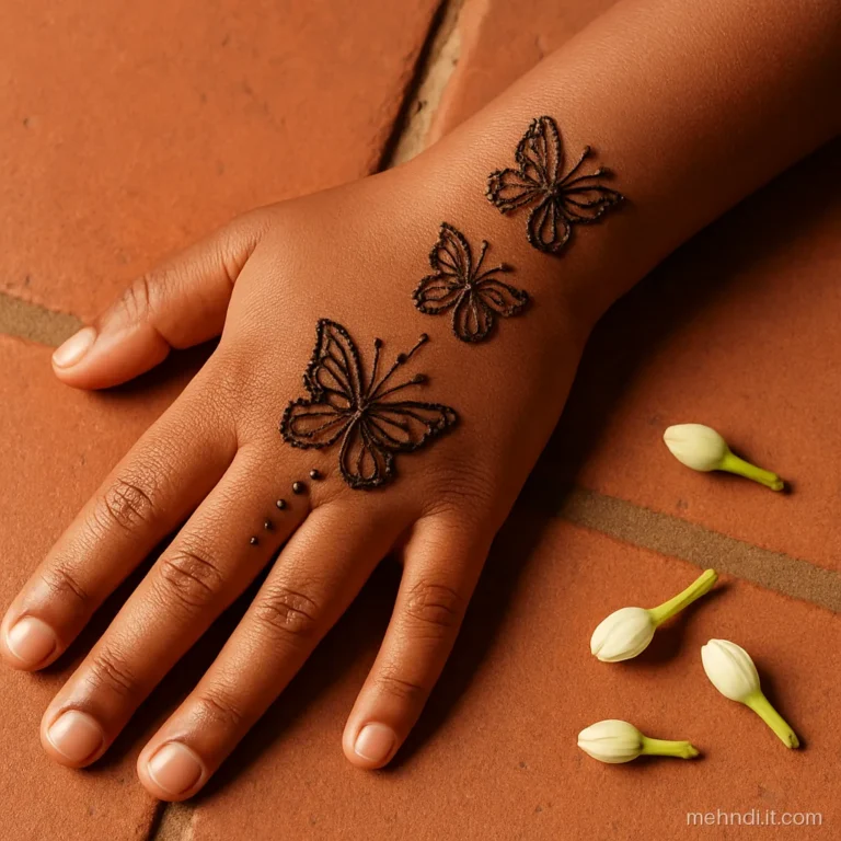 Back of a child's hand with three small butterflies flying in a line