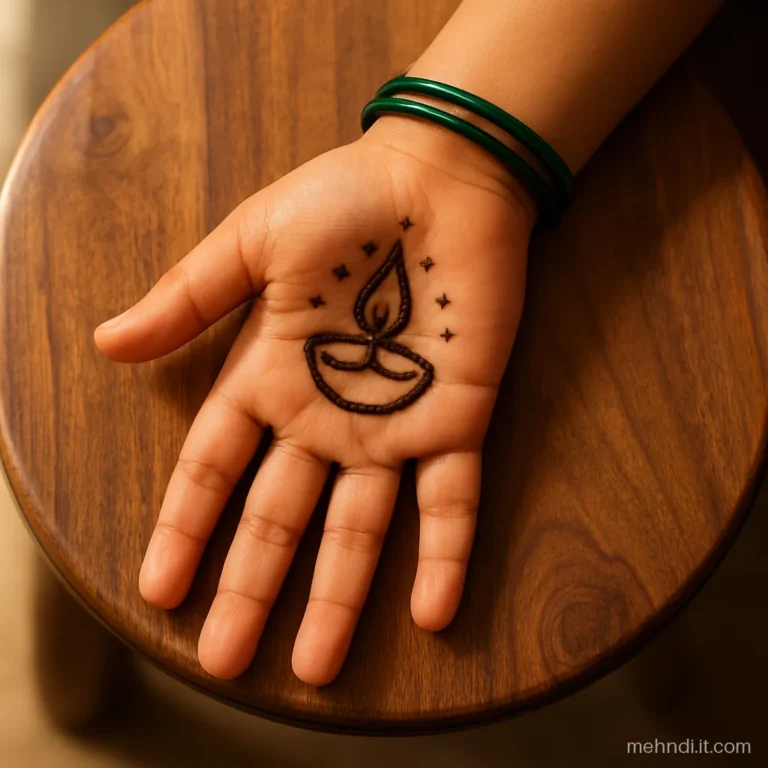 Child's palm with a tiny diya and dotted flame for Diwali