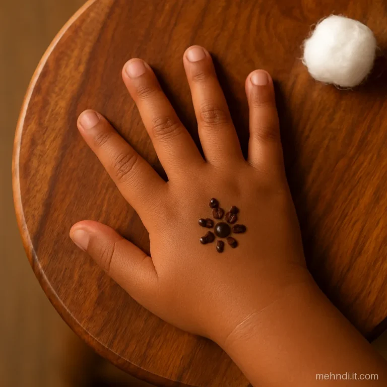 Back of a small hand with one dot flower near the knuckles