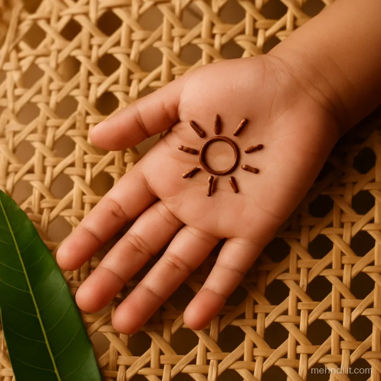 Small child's palm with a round sun made of a dot and short rays