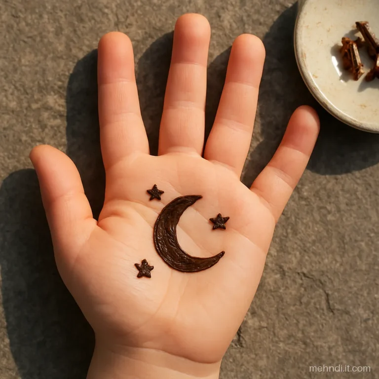 Child's palm with a crescent moon and three small stars for Eid