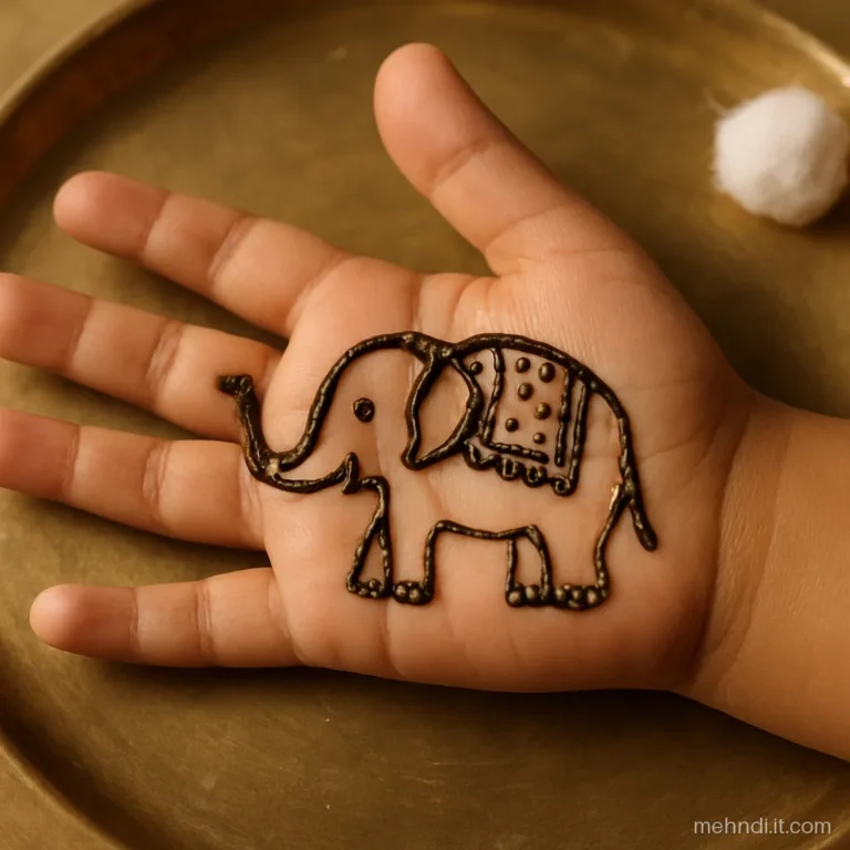 Child's palm with a cute elephant raising its trunk and a dotted blanket