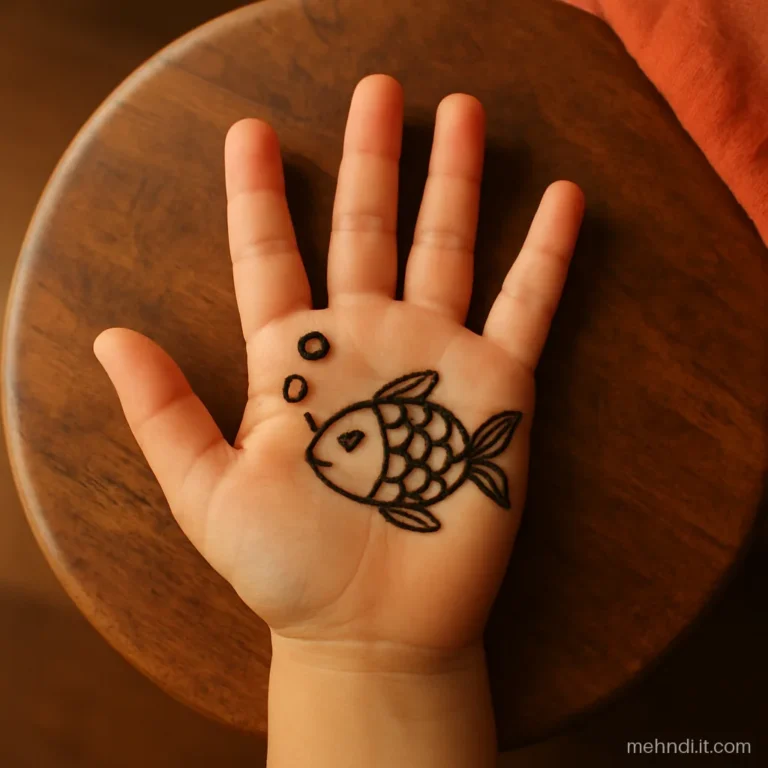 Small fish with scale pattern and rising bubbles on a child's palm