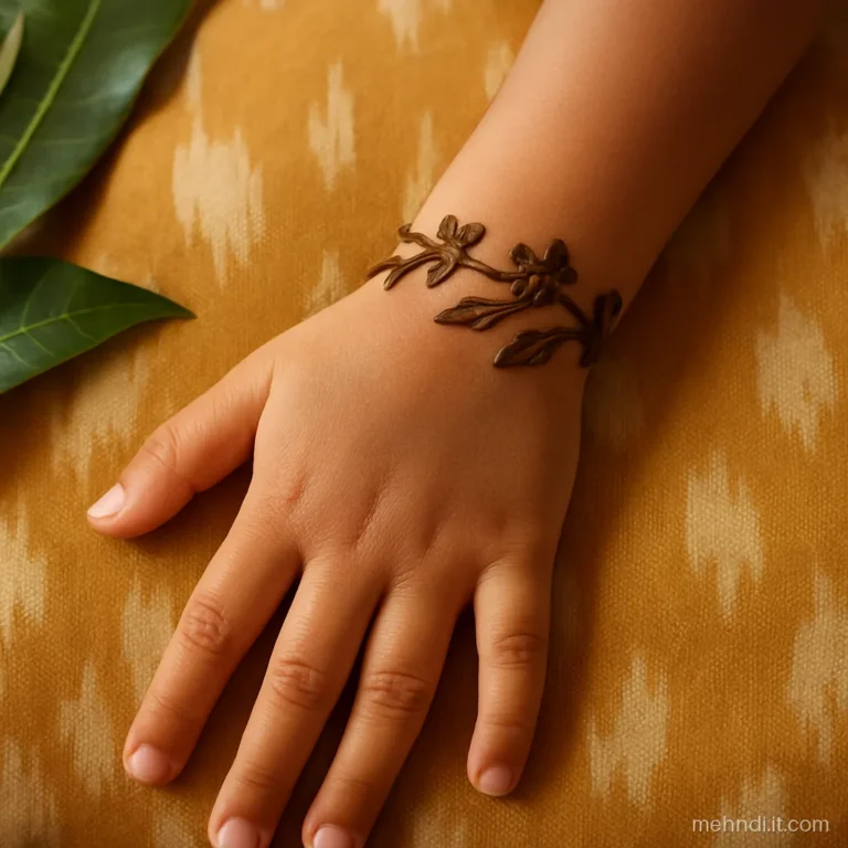 Child's wrist with a vine bracelet and three small flowers