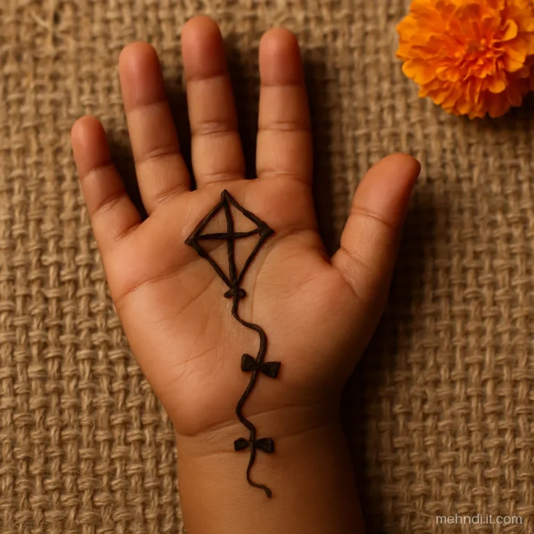 Diamond kite on a child's palm with a wavy string to the wrist