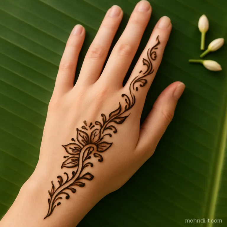 Back of a preteen girl's hand with a flowing Arabic vine to fingertip