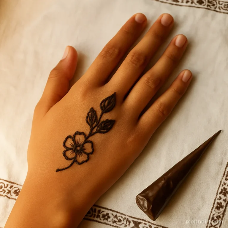 Preteen girl's palm with a short Arabic trail of shaded leaves