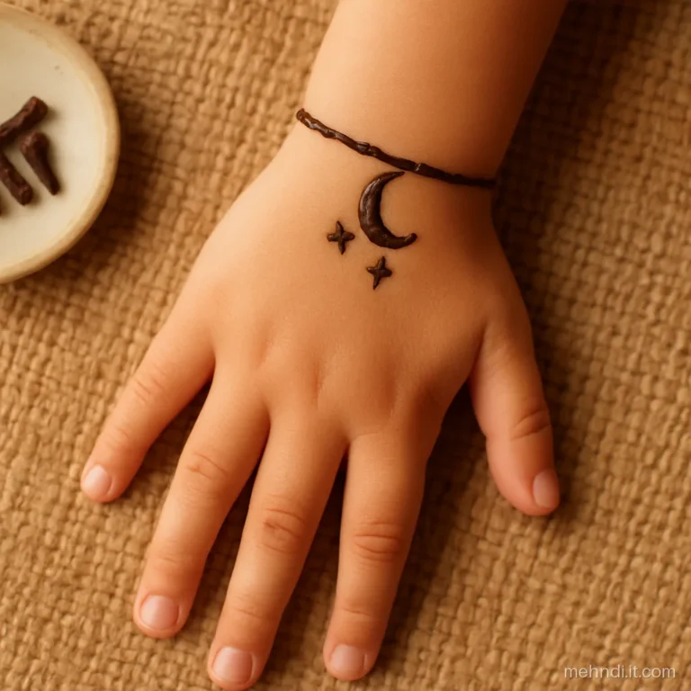Thin wrist bracelet with a crescent moon charm and tiny stars on a toddler