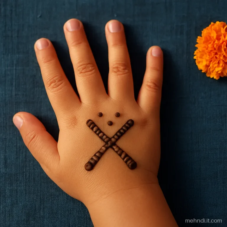 Two small crossed dandiya sticks on a child's back hand