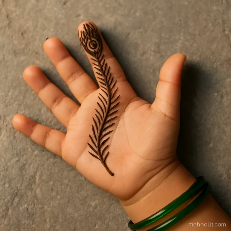 Single peacock feather stretching up the index finger of a child