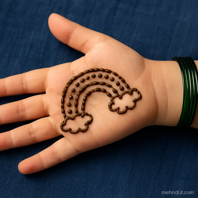 Small palm with a rainbow arch made from three curved rows of dots
