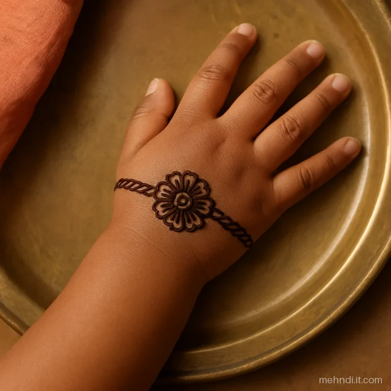 Small girl's wrist with a mehndi bracelet shaped like a rakhi