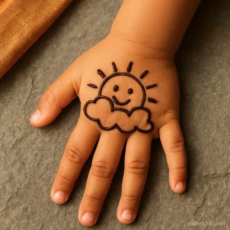Child's palm showing a smiling sun peeking from behind a small cloud