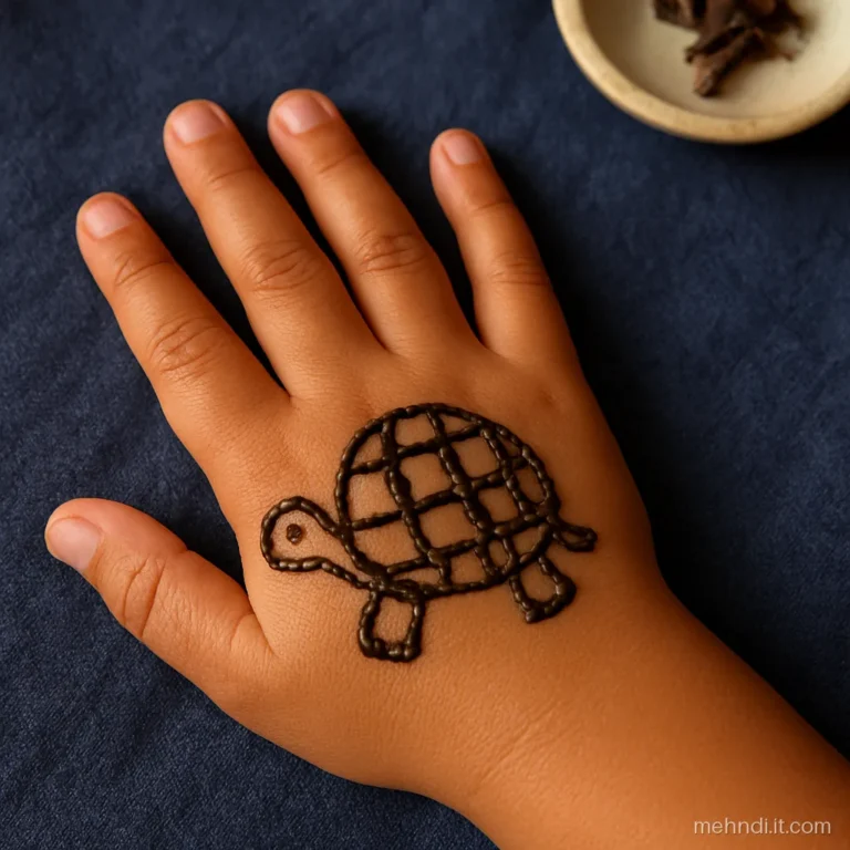 Round turtle on a child's back hand with a checked shell
