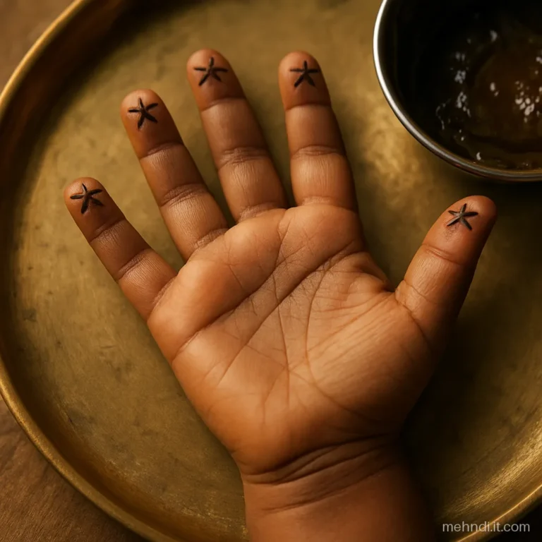 Child's fingertips each with a tiny star, small palm otherwise bare