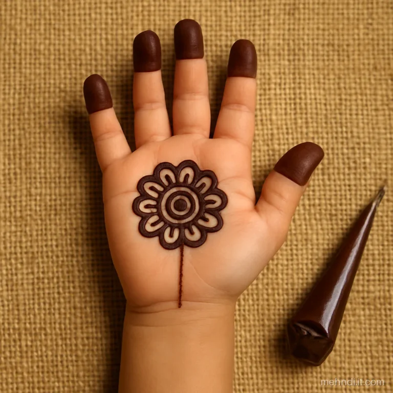 Child's palm with a centre flower and solid fingertips for a family wedding