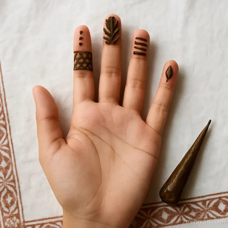 Fingers each with a different small pattern: dots, grid, leaf, stripe and moon