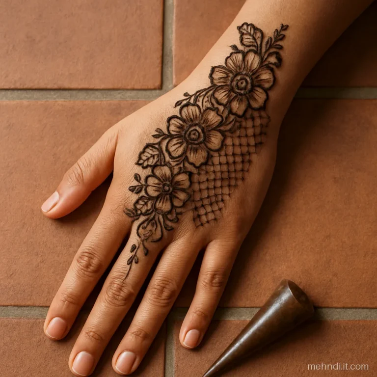 Back of hand with a bold Arabic trail and fine Indian jaal filling the gaps