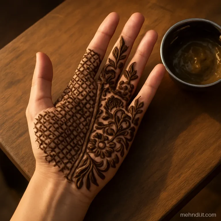 Front hand split in two: fine jaal on one side, bold Arabic florals on the other