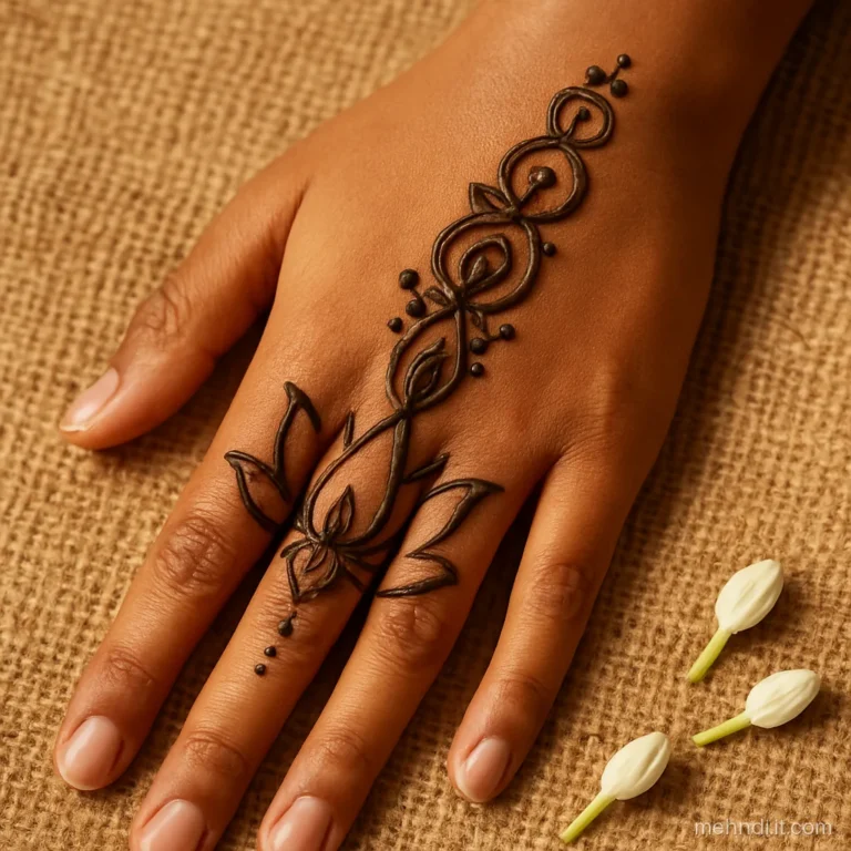 Wrist with a lotus in Indian style and an Arabic shaded trail climbing to the fingers