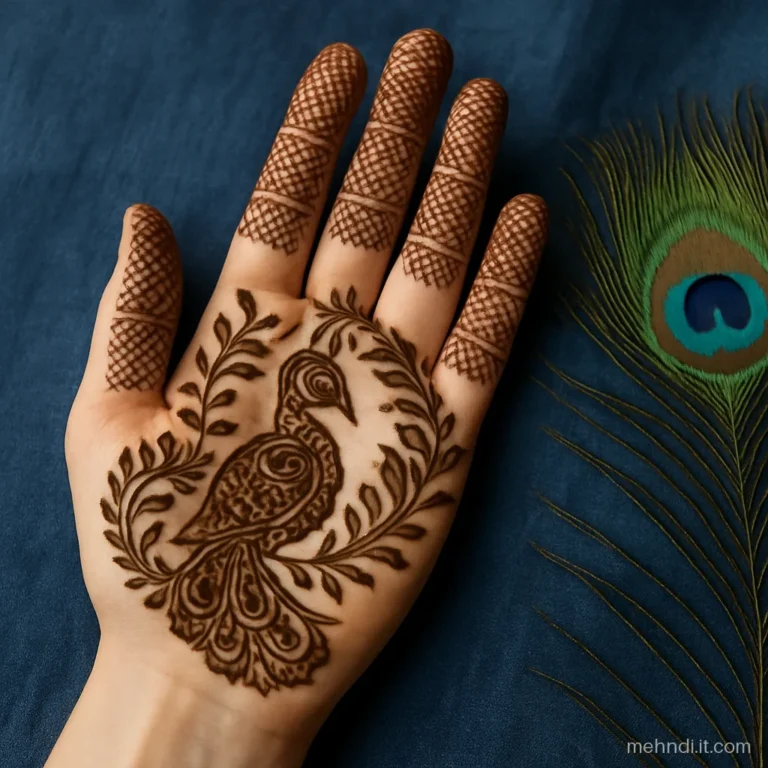 Palm with an Indian mor peacock surrounded by Arabic shaded leaves