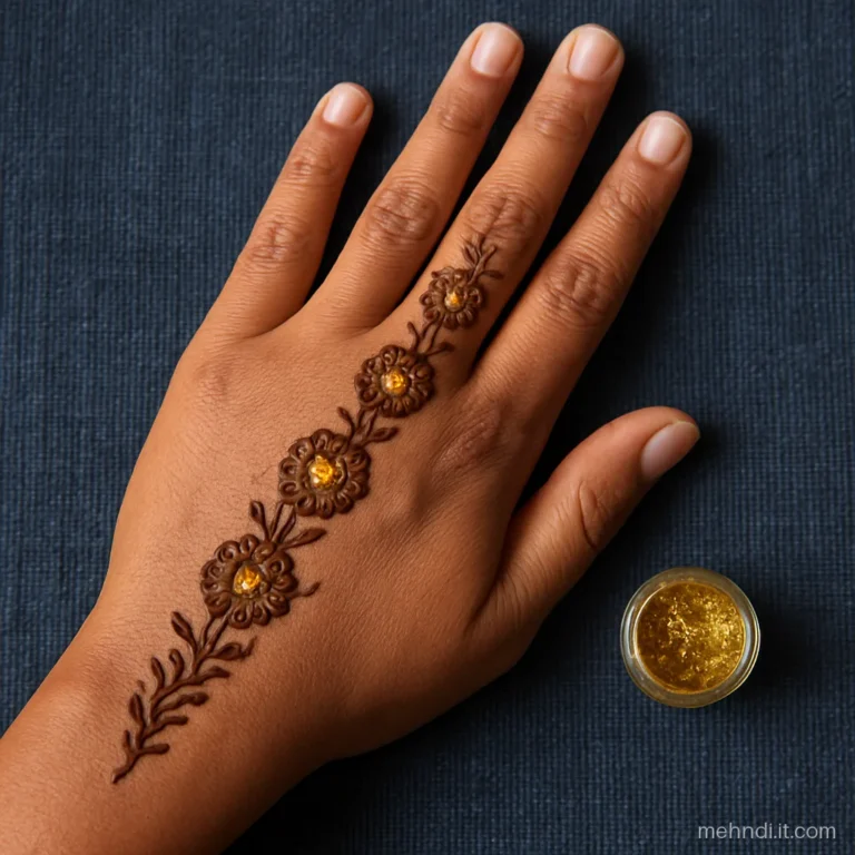 Back of hand with a henna flower trail and gold glitter dots in each flower centre