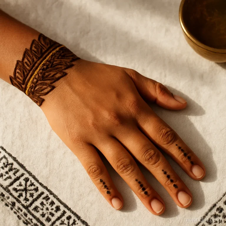 Wrist band of henna leaves with gold glitter along the top edge