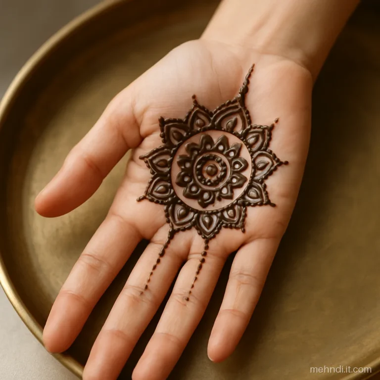 Palm mandala in henna with tiny silver glitter dots around the outer ring