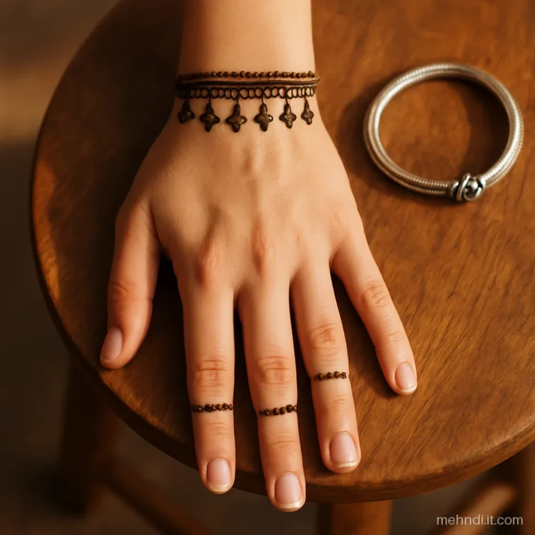 Wrist band drawn like a payal with tiny bell drops hanging toward the hand