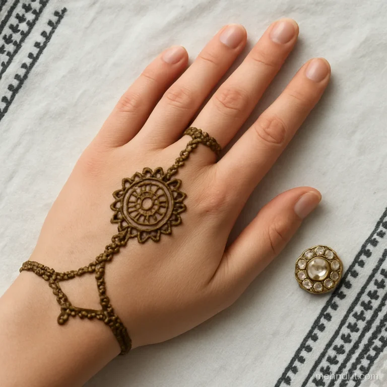 Back of hand with henna haathphool: wrist bracelet, centre medallion and chain to middle finger ring