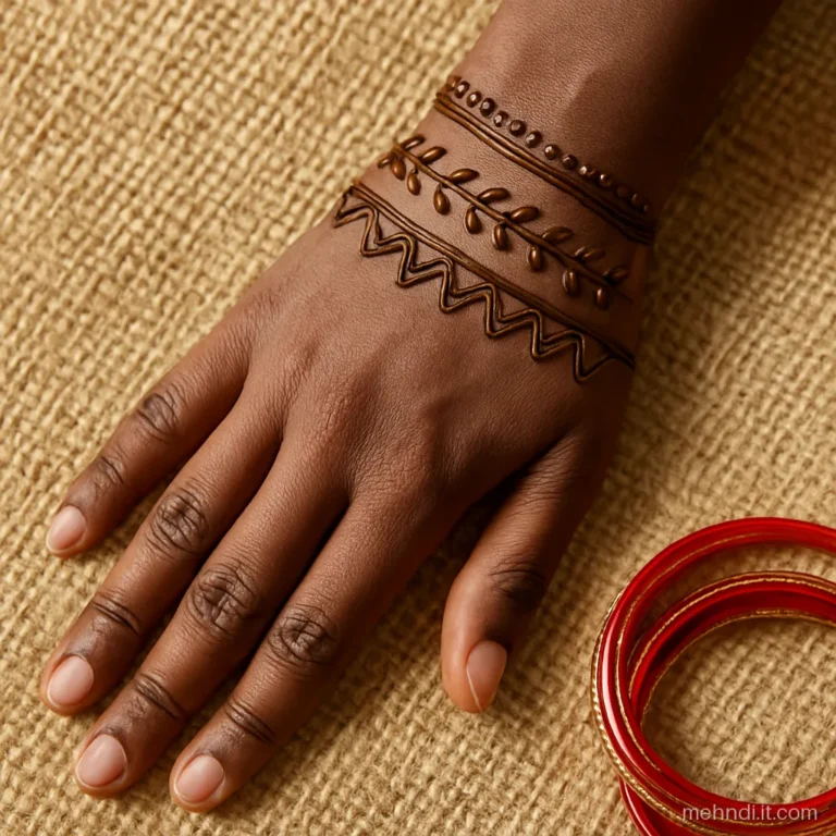 Three henna kangan bands stacked on the wrist, each with a different pattern