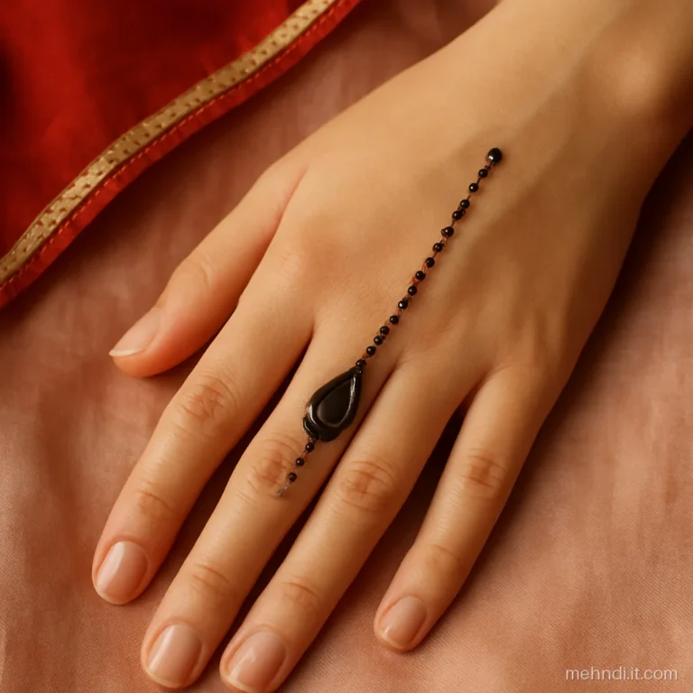 Back of ring finger with henna shaped like a maang tikka pendant hanging from a chain