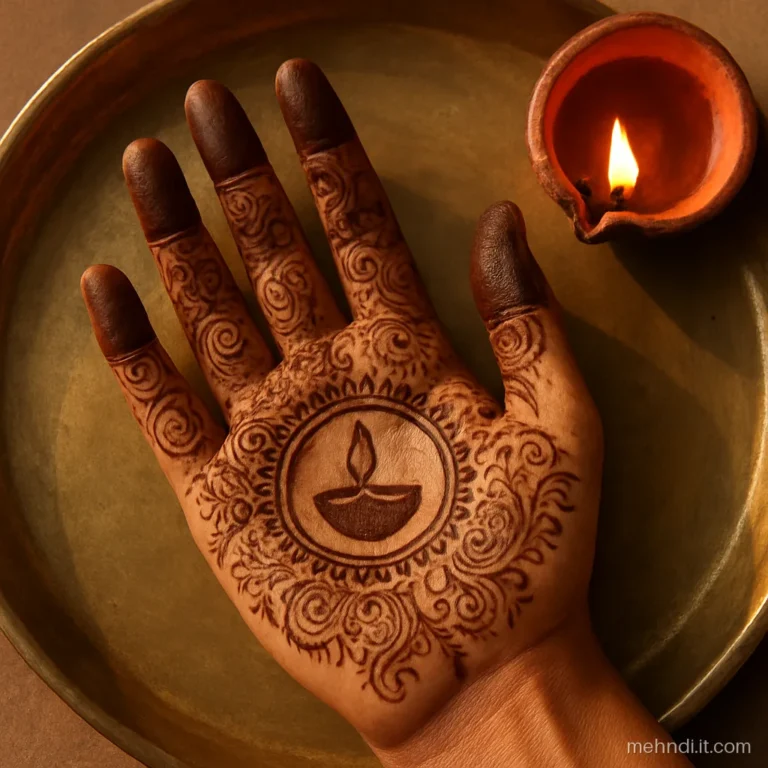 Palm with a round filled medallion where a diya shape stays as bare skin