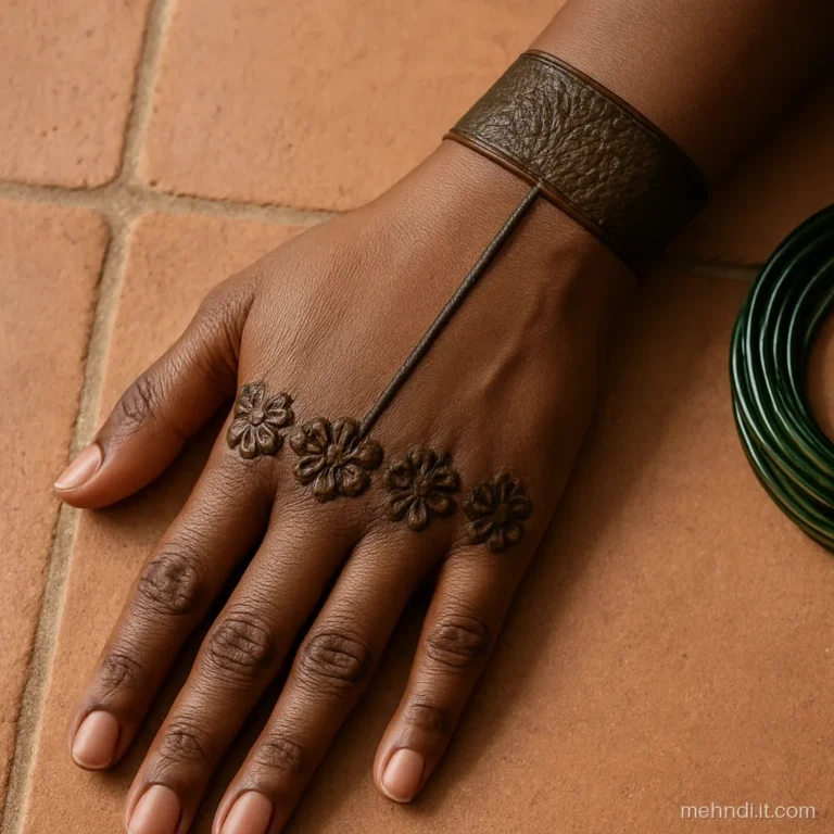 Wrist cuff filled dark with a chain of bare skin flowers around the kalai