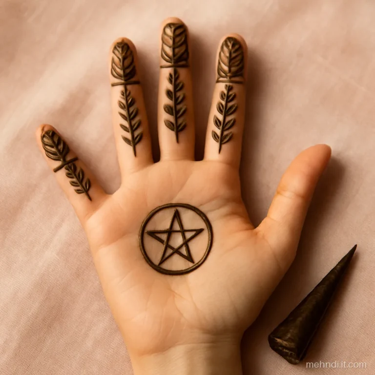 Front hand fingers filled solid with bare skin leaves running down each one