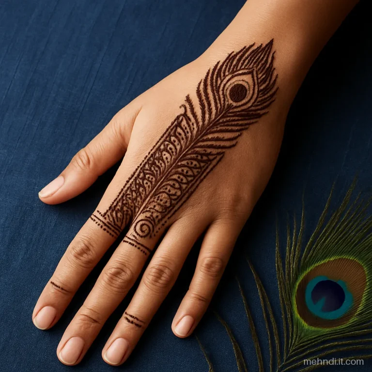 Back of hand with dark filled panel showing a bare skin peacock feather shape