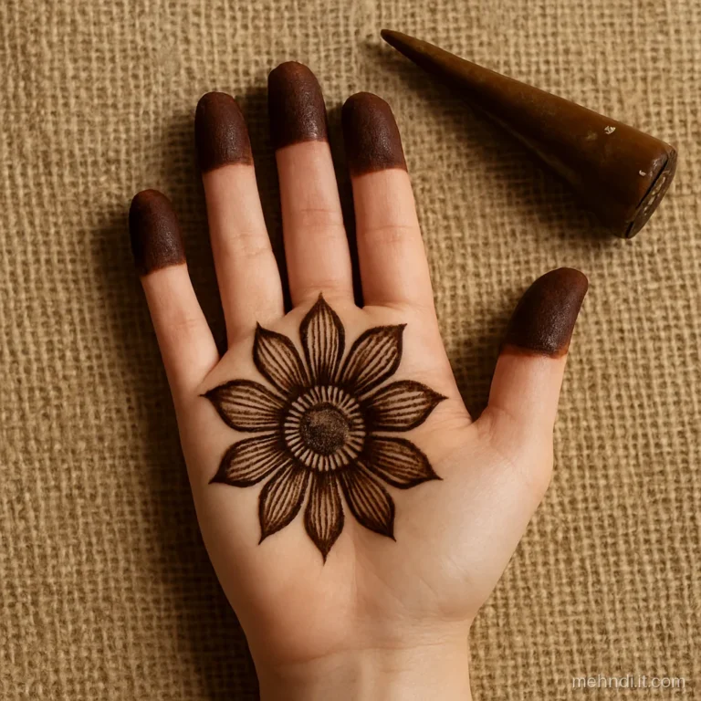 Front hand with a large flower whose petals shade from dark centre to light edges