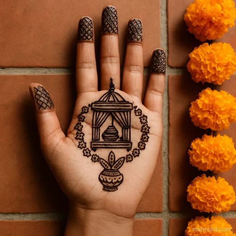 Palm with a small doli palanquin, a kalash and marigold strings around them