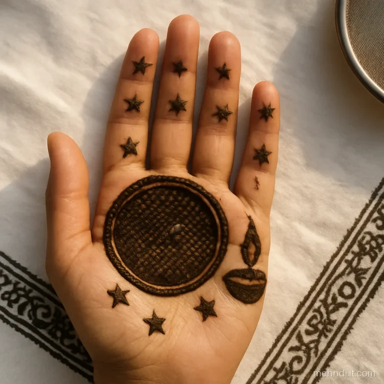 Palm showing a full moon chand seen through a chalni sieve with a diya beside it